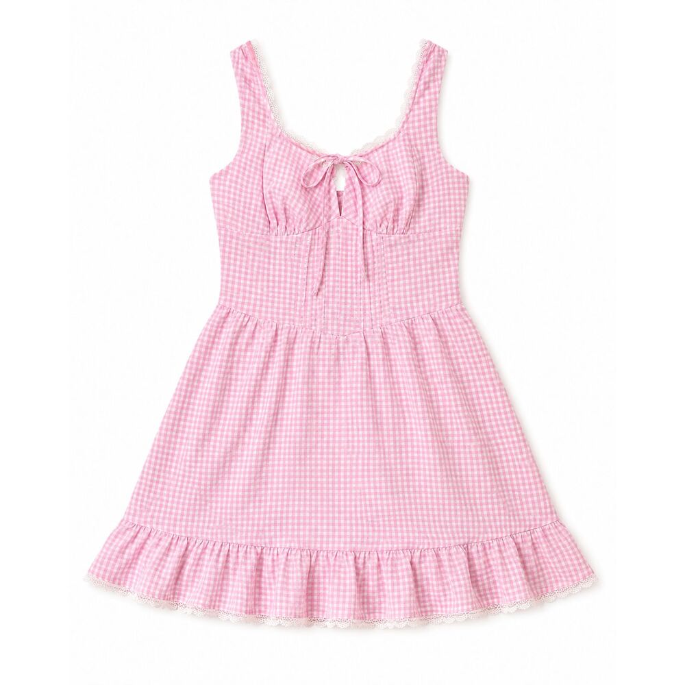 Anna-Kaci Pink Gingham Mini Dress Tie Front Smocked Ruffle Lace Cottagecore